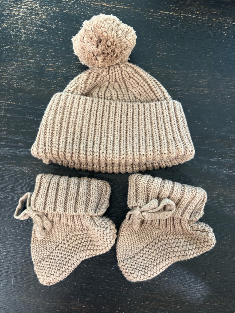 Baby Knit Pom Pom Beanie and Booties Set - Taupe